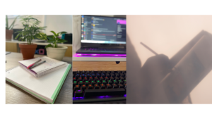 des carnets d'écritures et de notes, un clavier pour écrire et un ordinateur, une personne qui écrit