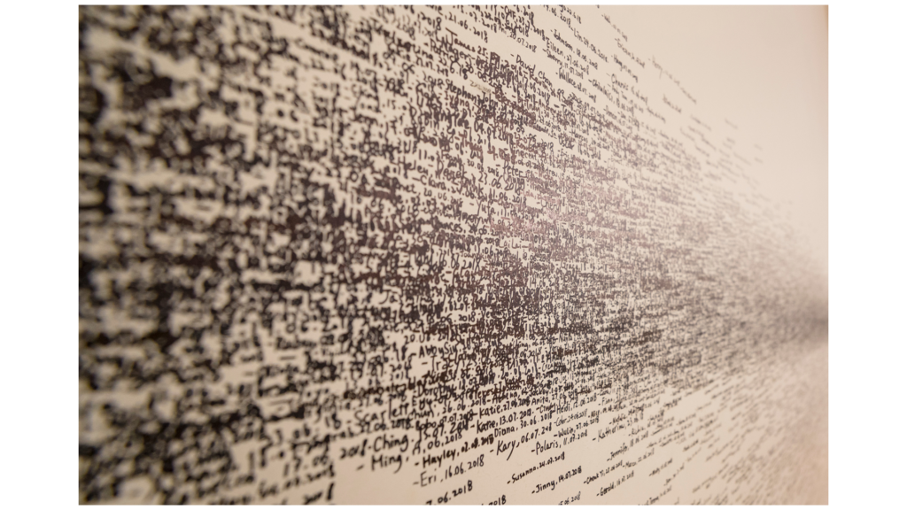 des mots par milliers écrit sur un mur blanc